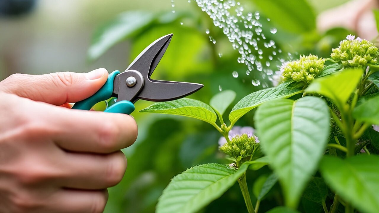 Close‑up of hands watering or pruning a healthy green plant — 10 Easy Hacks to Keep Your Plants Thriving All Year.