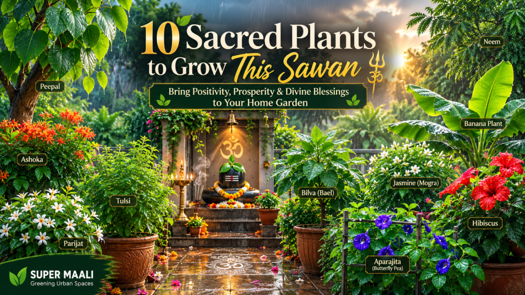 10 Sacred Plants to Grow This Sawan in an Indian home garden with a Lord Shiva shrine."