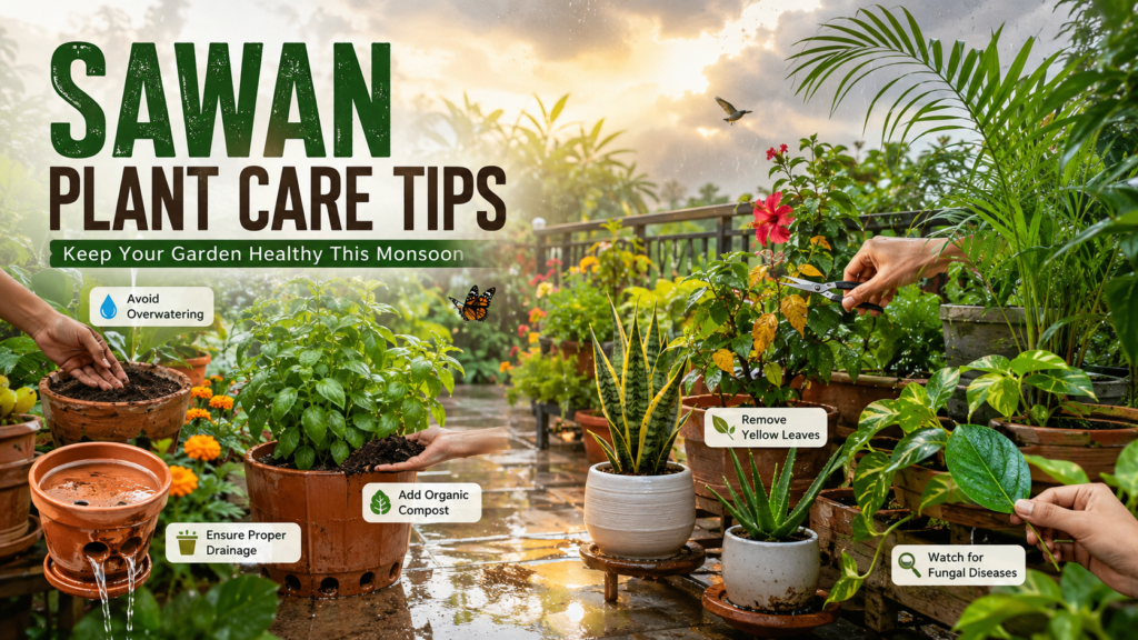 Sawan Plant Care Tips featured image showing a lush Indian monsoon balcony garden with Tulsi, Hibiscus, Marigold, Money Plant, Snake Plant, terracotta pots, rain-kissed leaves, organic compost, proper drainage, pruning, and healthy plant care under warm golden sunlight.