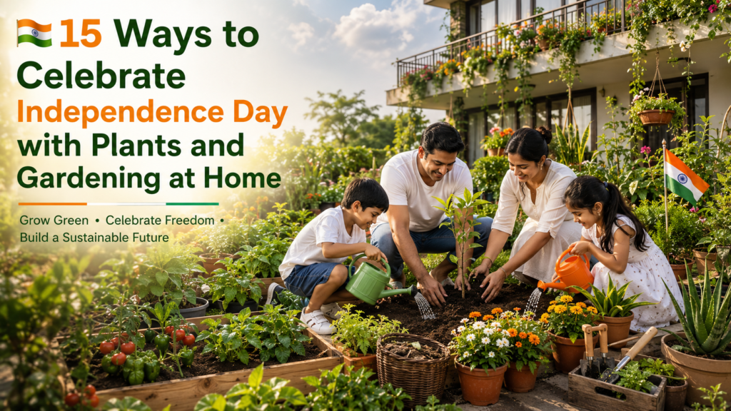 Celebrate Independence Day with Plants and Gardening at Home – Indian family planting trees in a beautiful home garden with tricolor flowers and eco-friendly decorations.