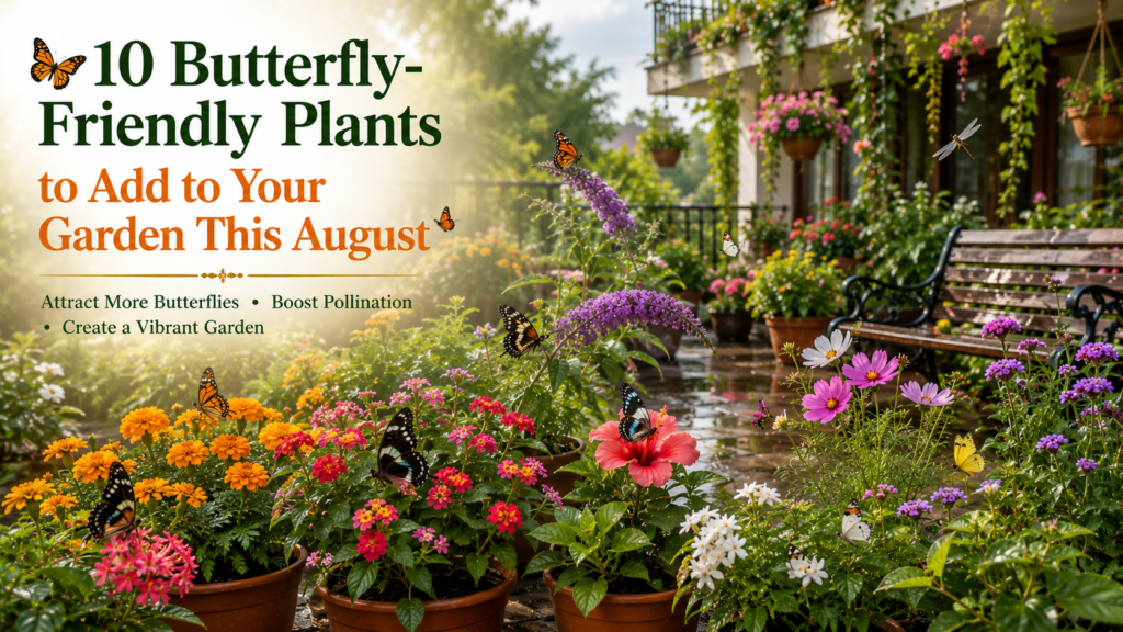10 Butterfly-Friendly Plants to Add to Your Garden This August featuring colorful butterflies visiting Marigold, Zinnia, Lantana, Hibiscus, Jasmine, and other flowering plants in a lush Indian monsoon garden.