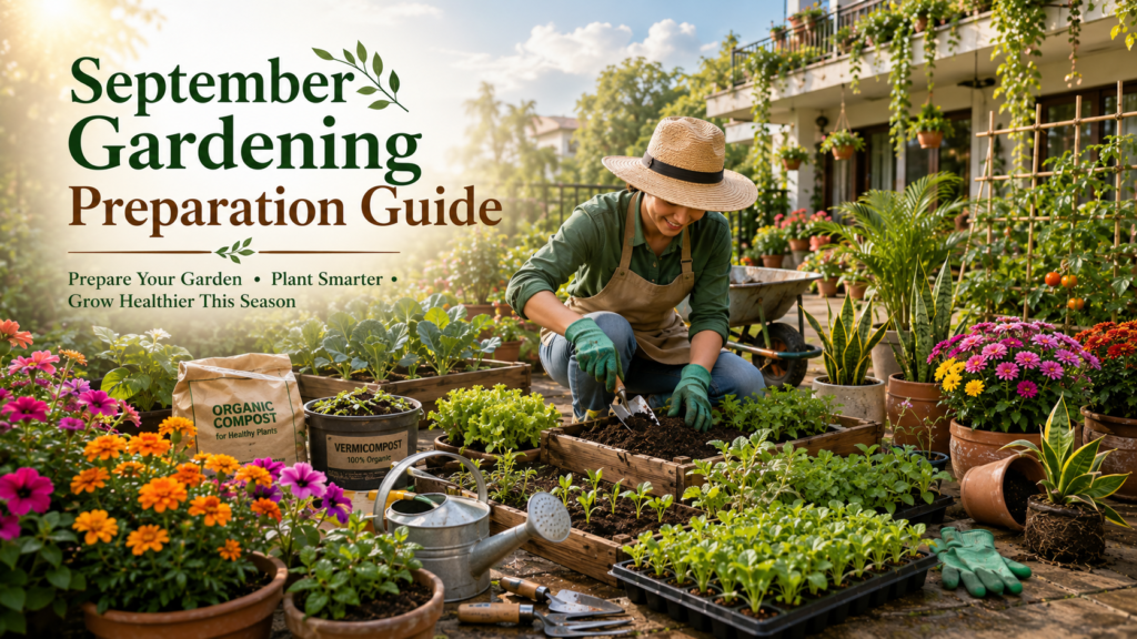 September Gardening Preparation Guide showing a gardener preparing an Indian home garden by adding compost, pruning plants, repotting containers, and planting seasonal flowers and vegetables.
