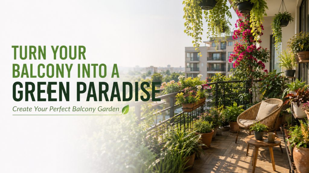 Balcony garden transformed into a lush green paradise with flowering plants and stylish planters