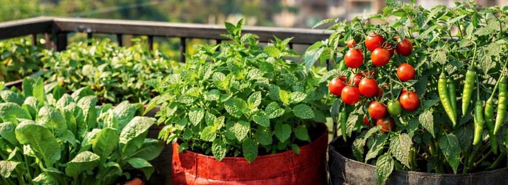Urban balcony garden with spinach, mint, tomatoes, and chilies in pots – easy vegetables to grow at home for beginners.